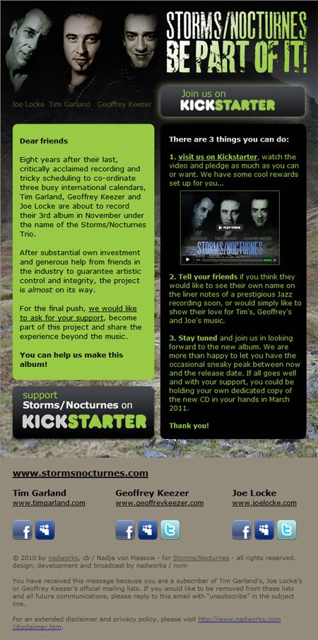 Storms/Nocturnes Kickstarter campaign promo email